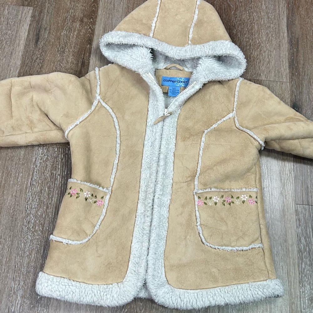 Girl's Hooded Penny Lane Coat Y2K Floral Embroidery Faux Suede Sherpa Lined Sz-6 - Picture 2 of 9